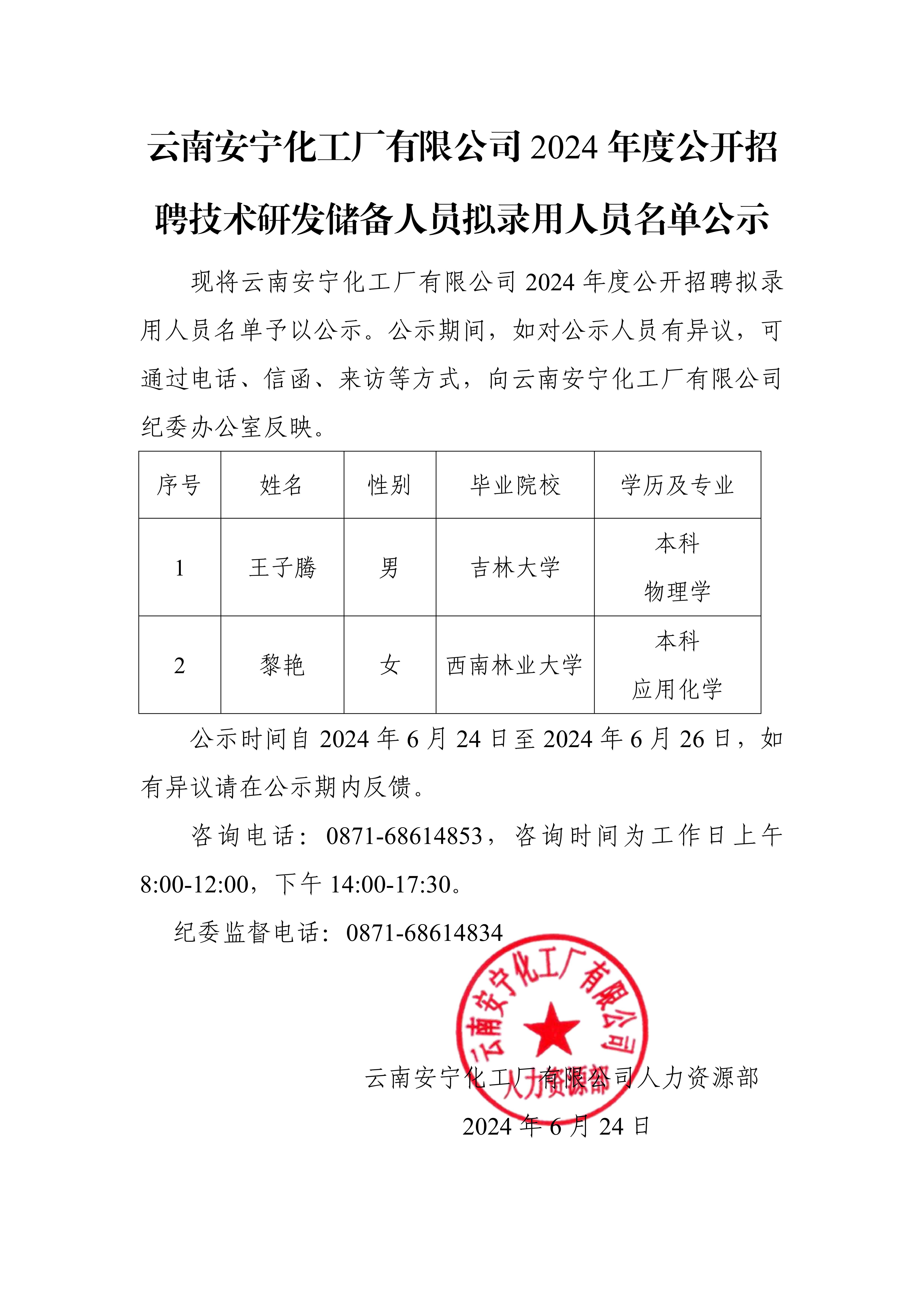 【公示】云南安寧化工廠有限公司2024年度公開(kāi)招聘技術(shù)研發(fā)儲(chǔ)備人員擬錄用人員名單公示